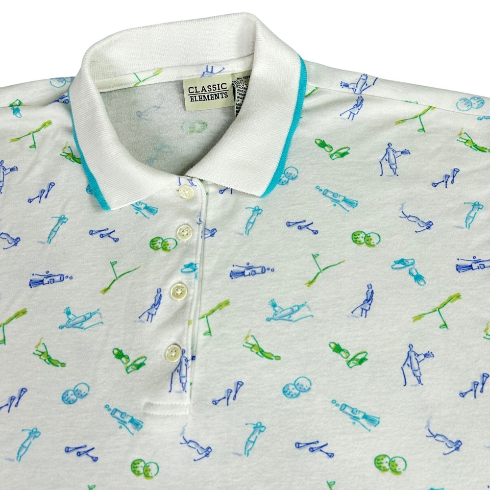 Classic Elements Vintage Golf Novelty Polo White All-Over Print Men Medium Shirt